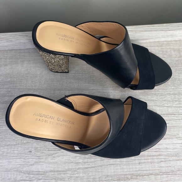 Badgley Mischka American Glamour black and gold glitter sandal heels sz 5.5 - Picture 13 of 15
